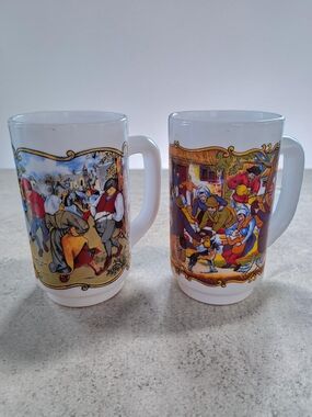 Vintage French Milk Glass Beer - Mug Medieval - Set of 2 - 70s - Made In France